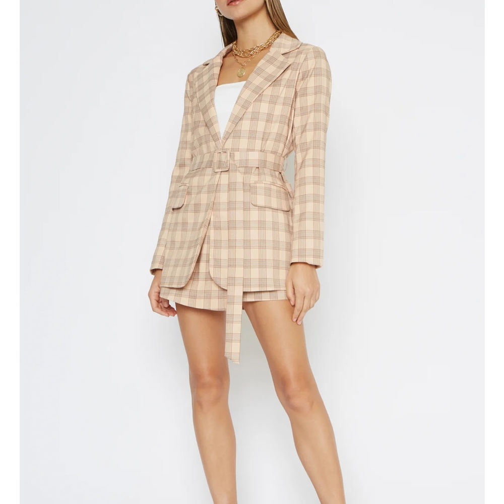 4SI3ENNA Tan Blazer Lightweight Plaid Design